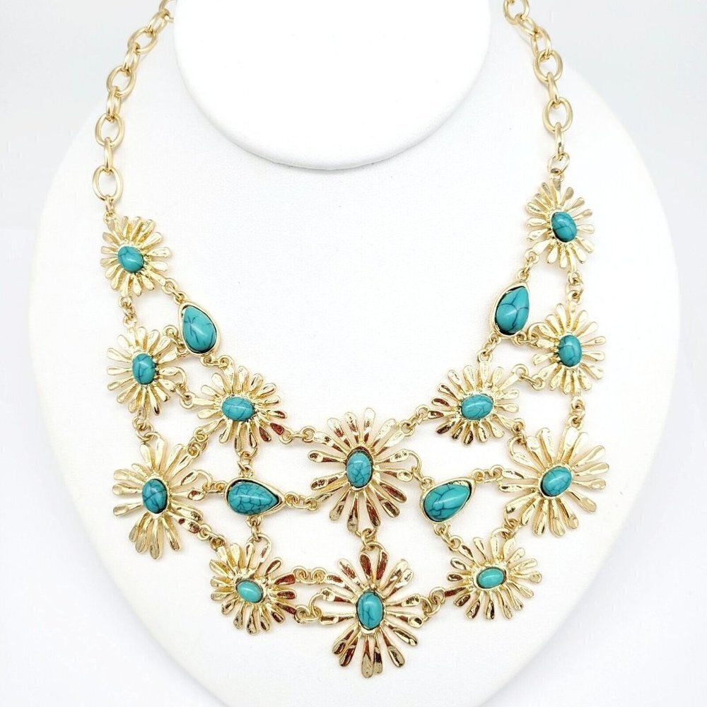 Versona Faux Turquoise 19" Bib Flower Necklace Gold Tone Feminine Modern NEW